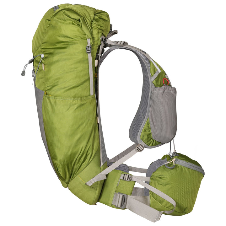 Green hiking pack viewed in profile on a white background