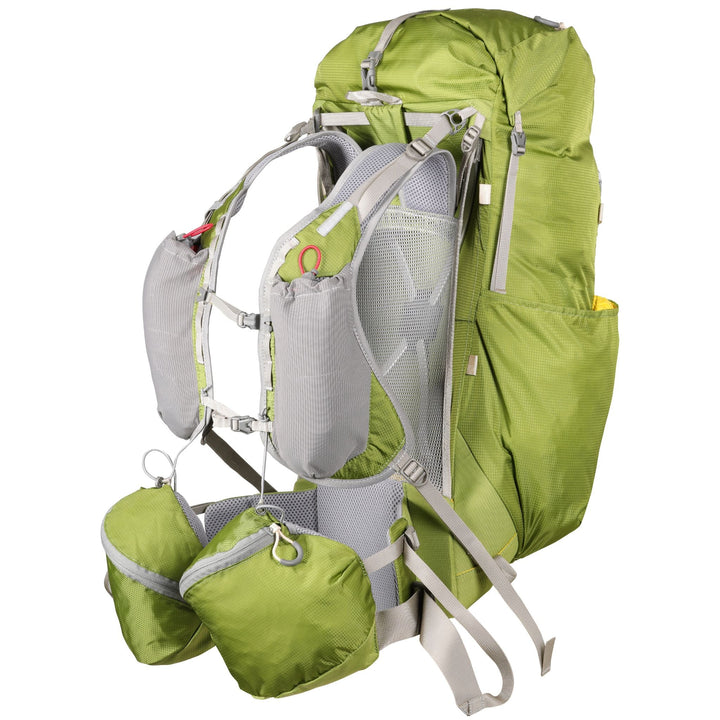 View of the straps of a green hiking pack on a white background