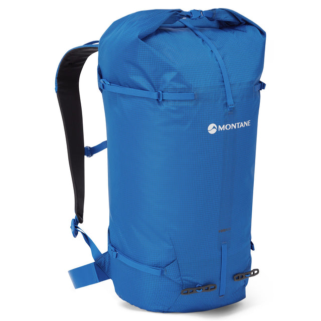 Blue backpack with Montane logo on a white background