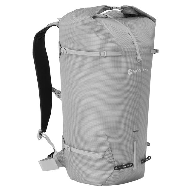 Grey backpack with grid pattern on a white background