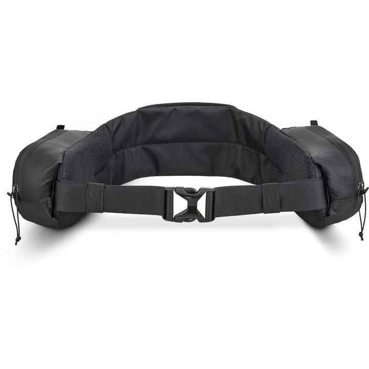 Black hiking pack hipbelt with pockets on a white background
