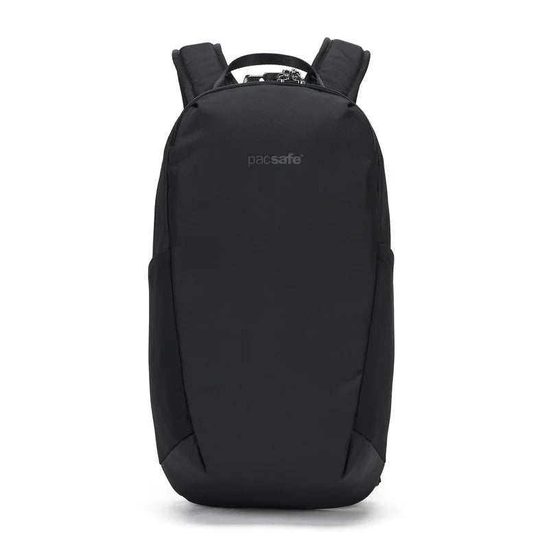 Black backpack with 'pacsafe' branding on a white background