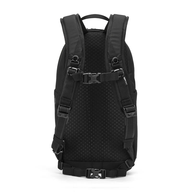 Black backpack shown from the back, featuring a textured mesh back panel, padded shoulder straps, and adjustable buckle straps, photographed on a clean white background.
