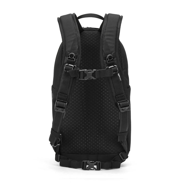 Black backpack shown from the back, featuring a textured mesh back panel, padded shoulder straps, and adjustable buckle straps, photographed on a clean white background.