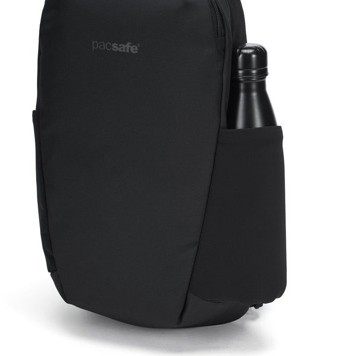 Black backpack with a water bottle pocket on a white background