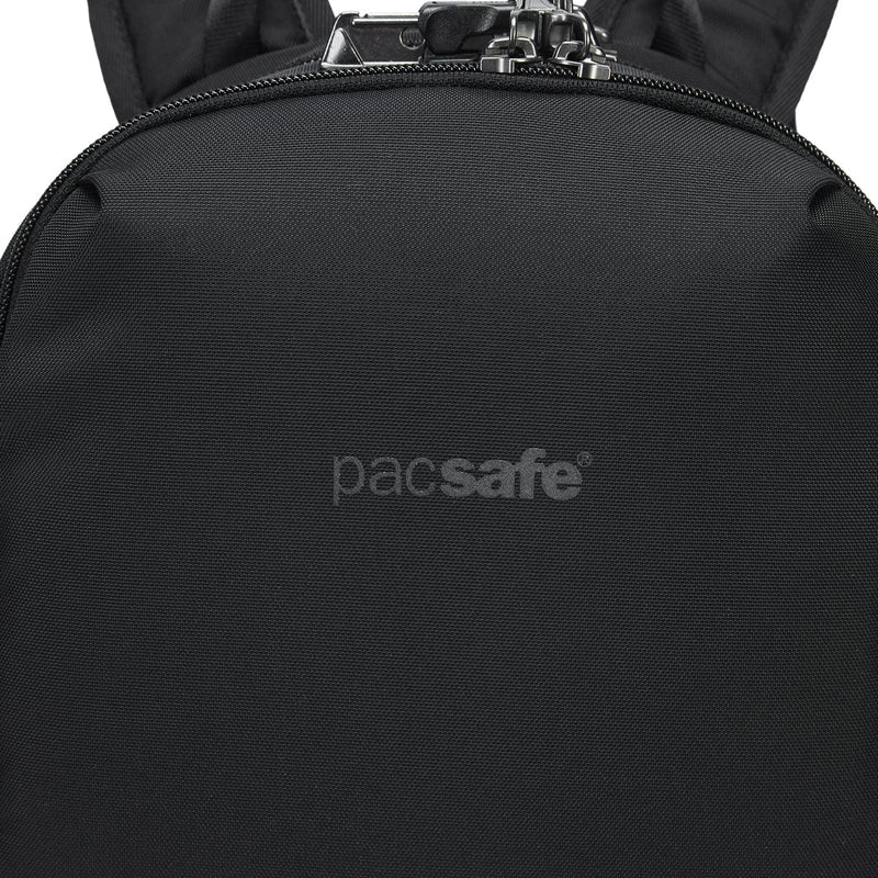 Black backpack with Pacsafe logo on a white background