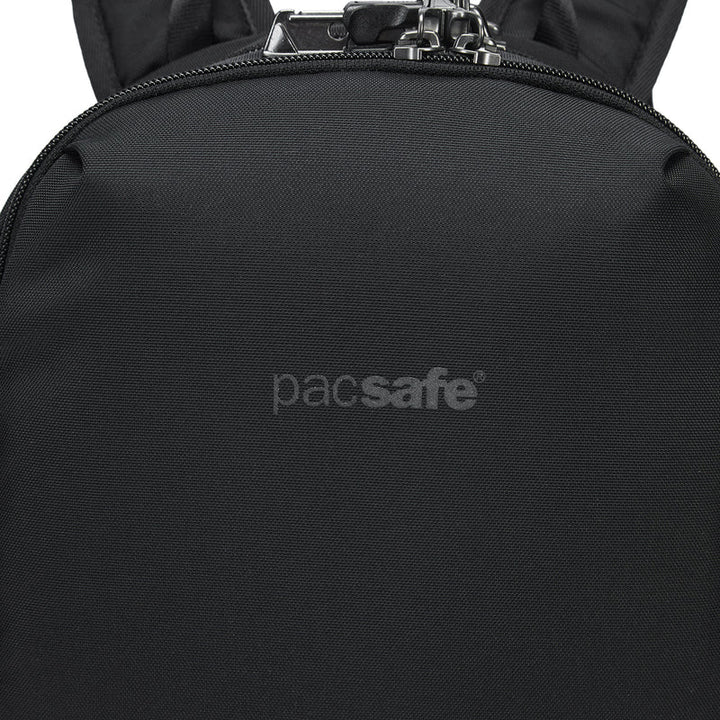 Black backpack with Pacsafe logo on a white background