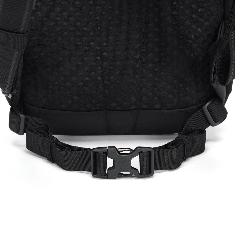 Close-up of a black backpack strap with a buckle on a white background
