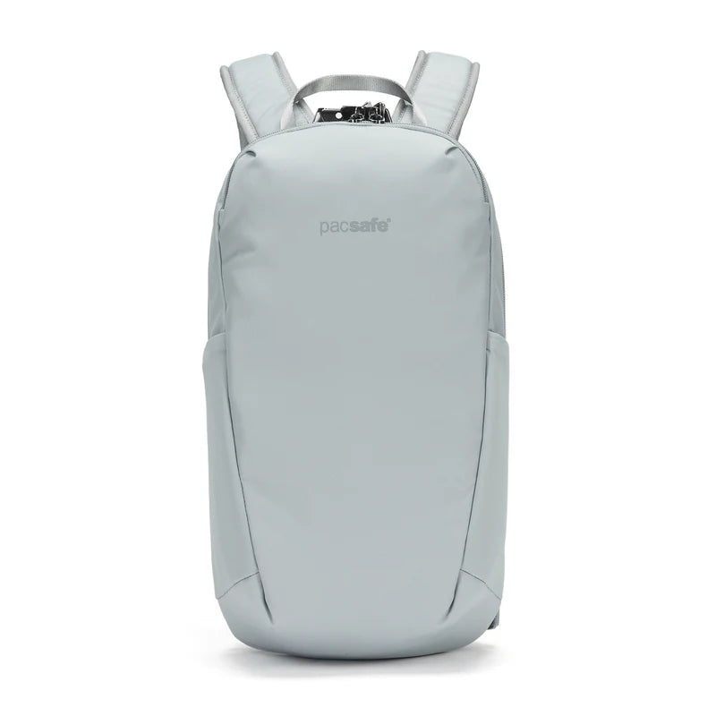 Light gray backpack with Pacsafe branding on a white background