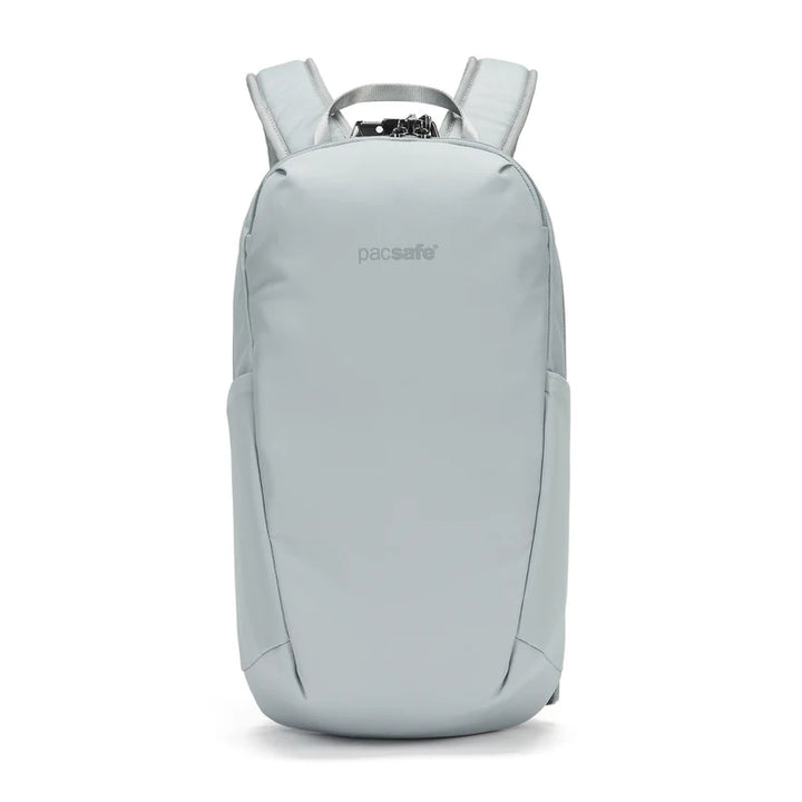 Light gray backpack with Pacsafe branding on a white background