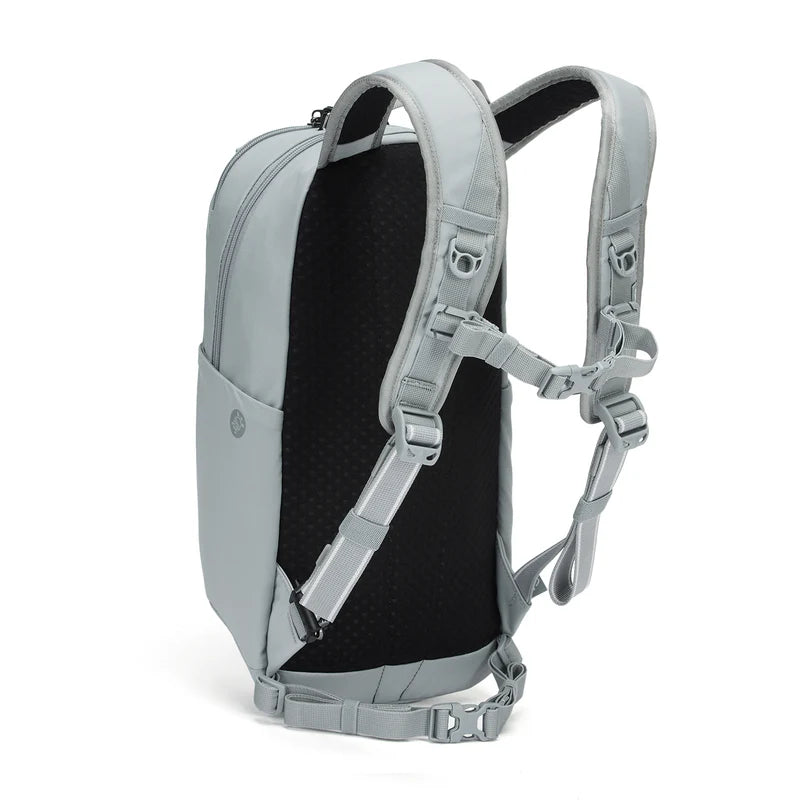 Gray backpack with black interior on a white background