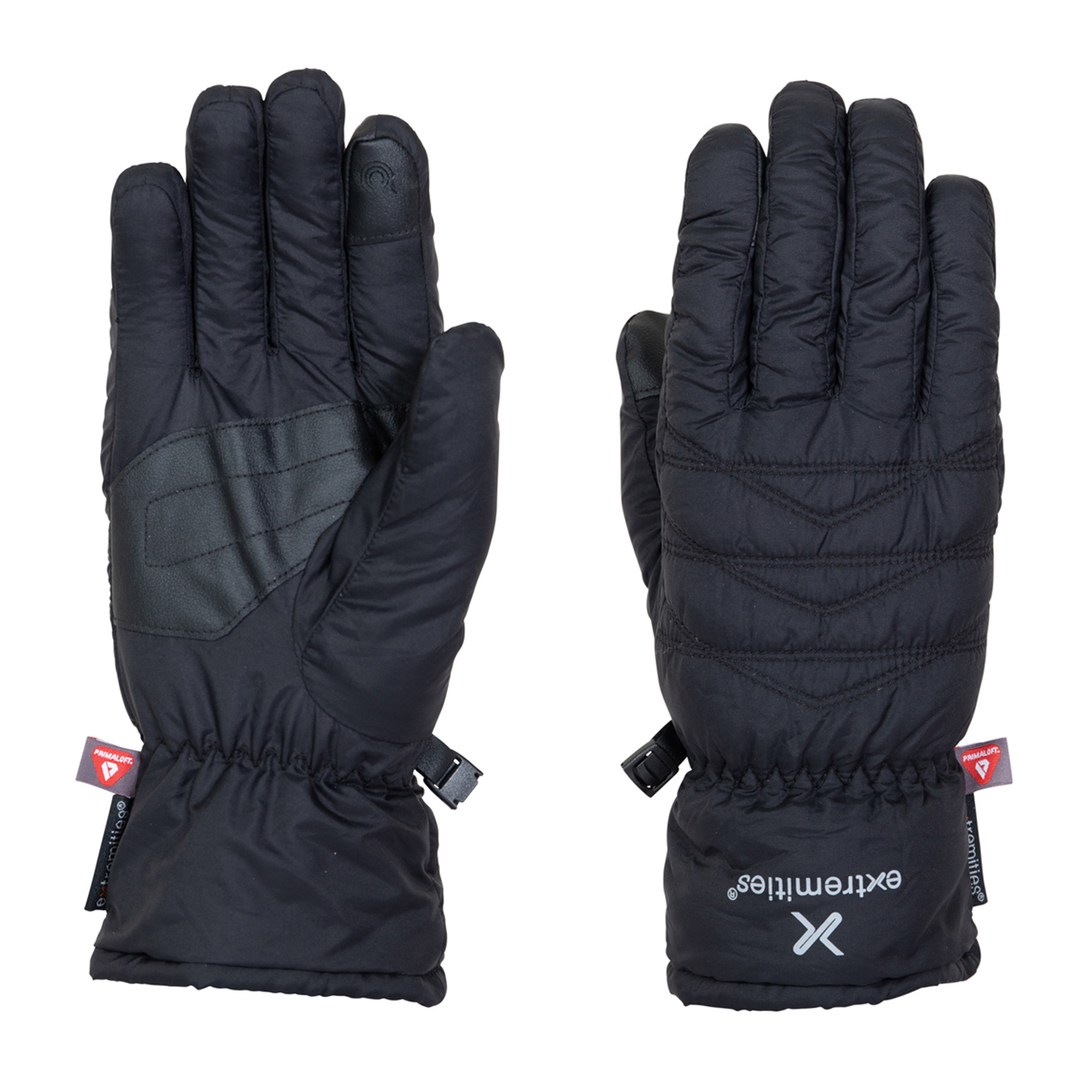Pair of black gloves with extremities brand logo on a white background. 