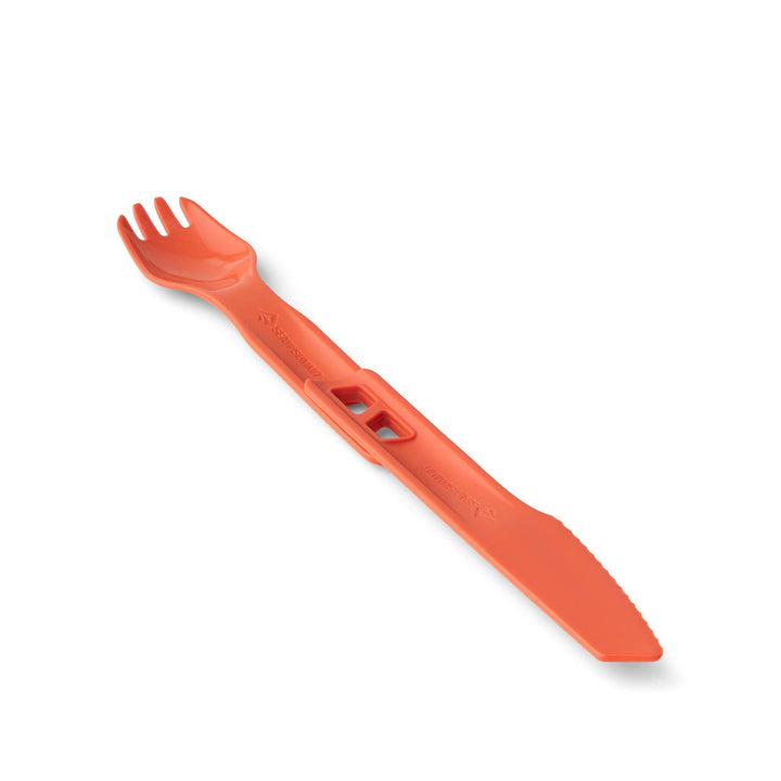Orange plastic fork and knife, joined together to create a long handled fork