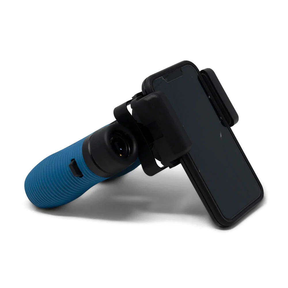Blue binoculars attached to a black phone holder on a white background