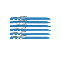 A set of six blue tent pegs