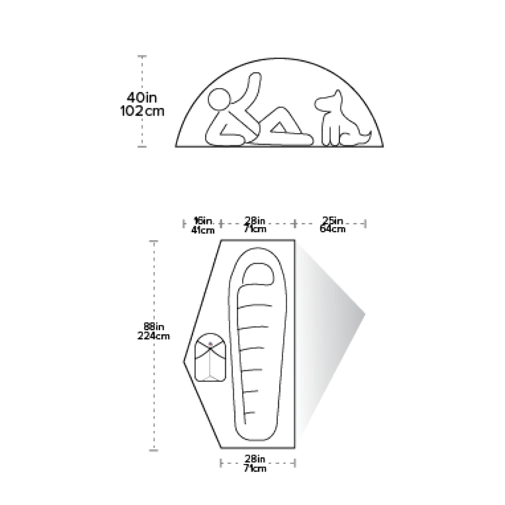 Diagram of a tent with dimensions labeled