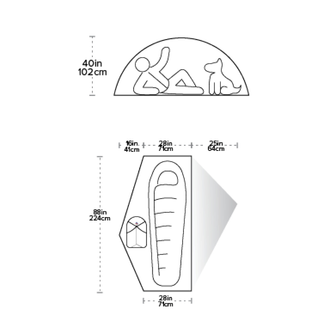 Diagram of a tent with dimensions labeled