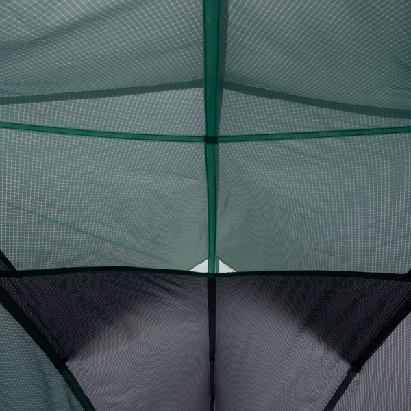 Close-up of inside mesh of a green and grey hiking tent.
