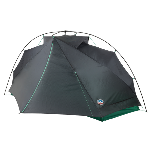 Black tent with green trim on a white background