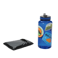 Black footprint in bag next to blue water bottle.
