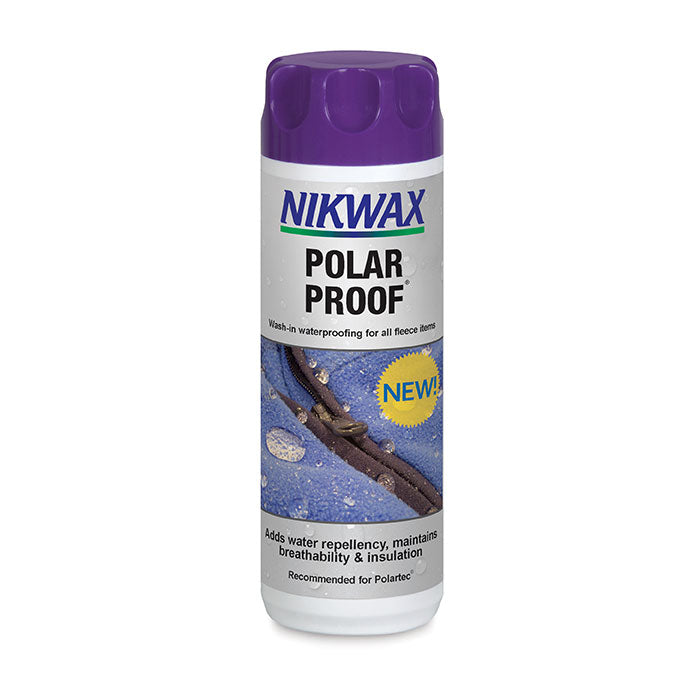 A bottle of Nikwax Polar Proof, a waterproofing treatment for fleece items.