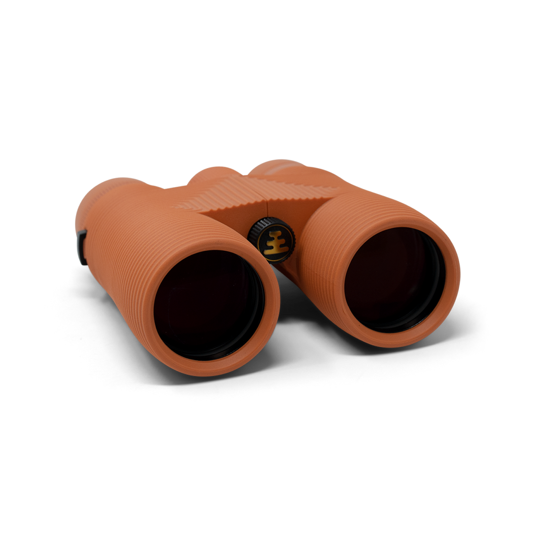 Brown binoculars with a brand logo on a white background