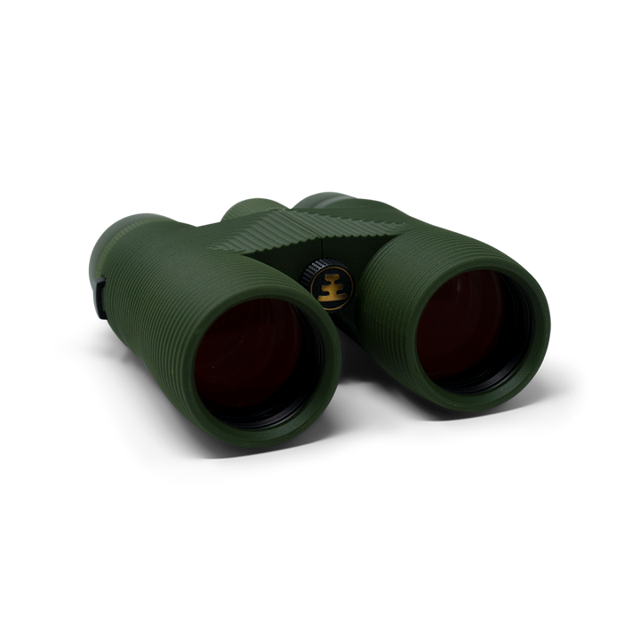 Green binoculars on a white background
