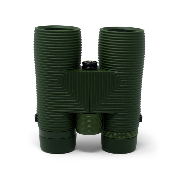 Green binoculars on a white background
