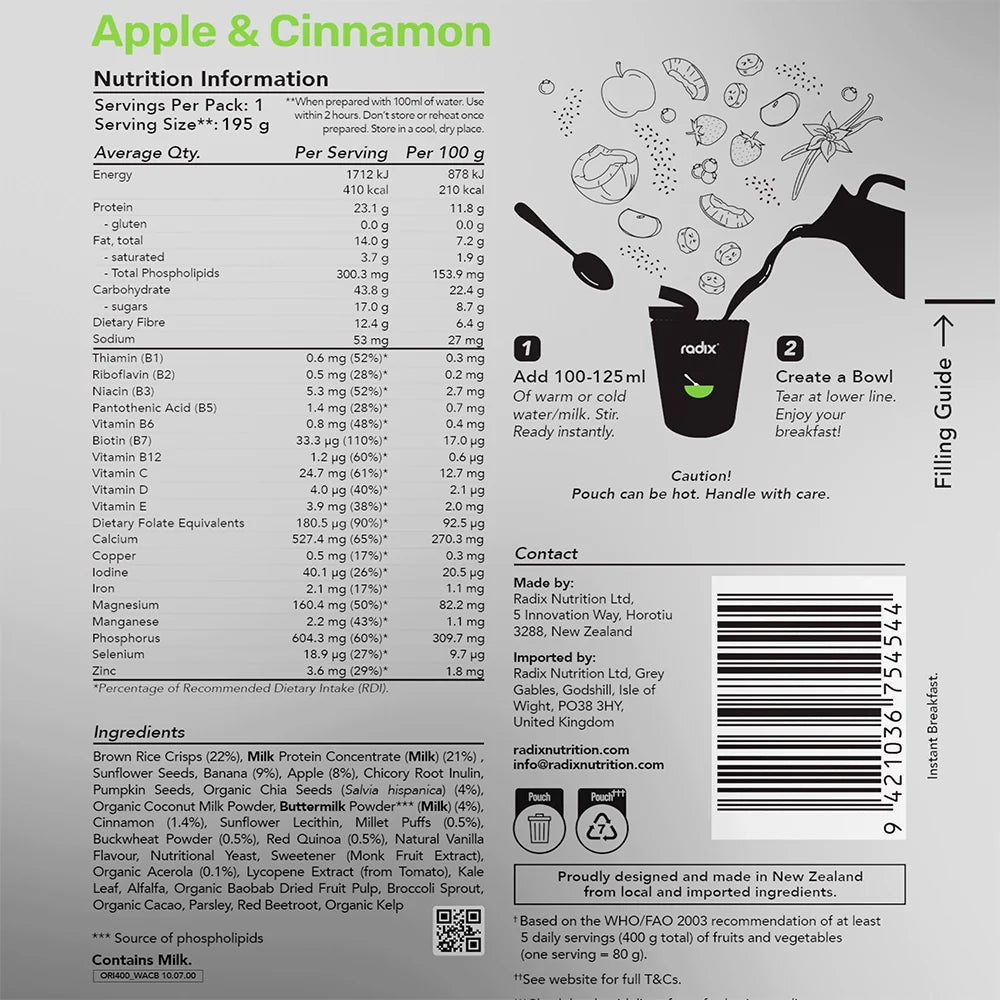 Nutrition label and filling guide for a product with Apple &amp; Cinnamon flavor.