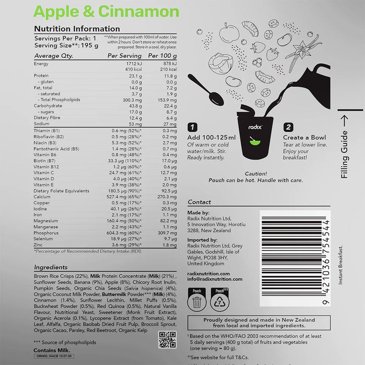 Nutrition label and filling guide for a product with Apple &amp; Cinnamon flavor.