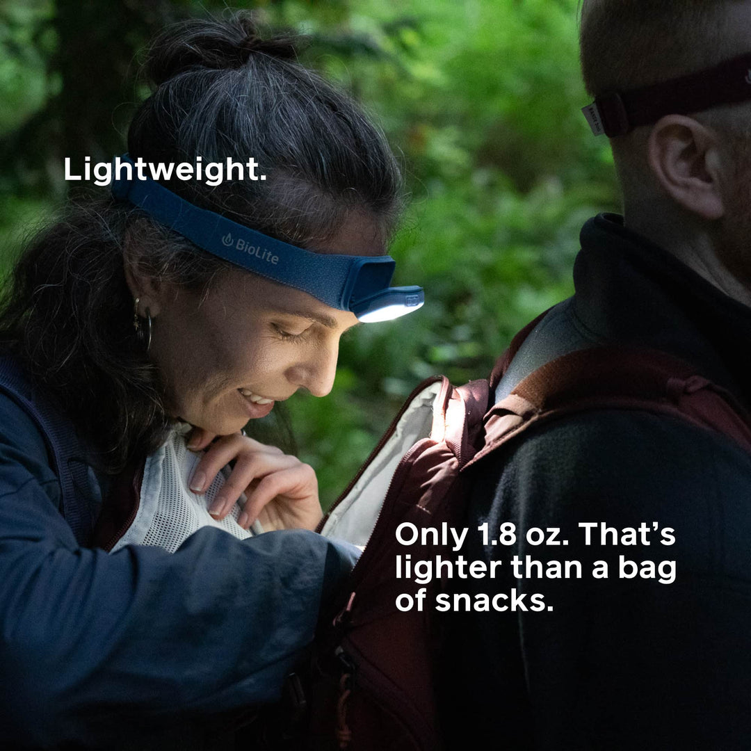 Person wearing a Biolite headlamp in a forest setting with text highlighting its lightweight nature.