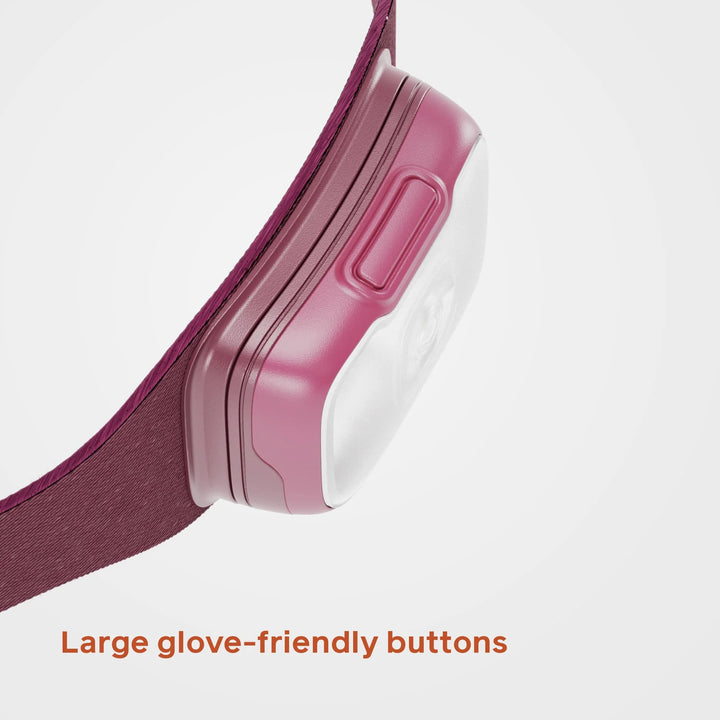 Close-up of a pink and clear visor with large glove-friendly buttons on a white background.