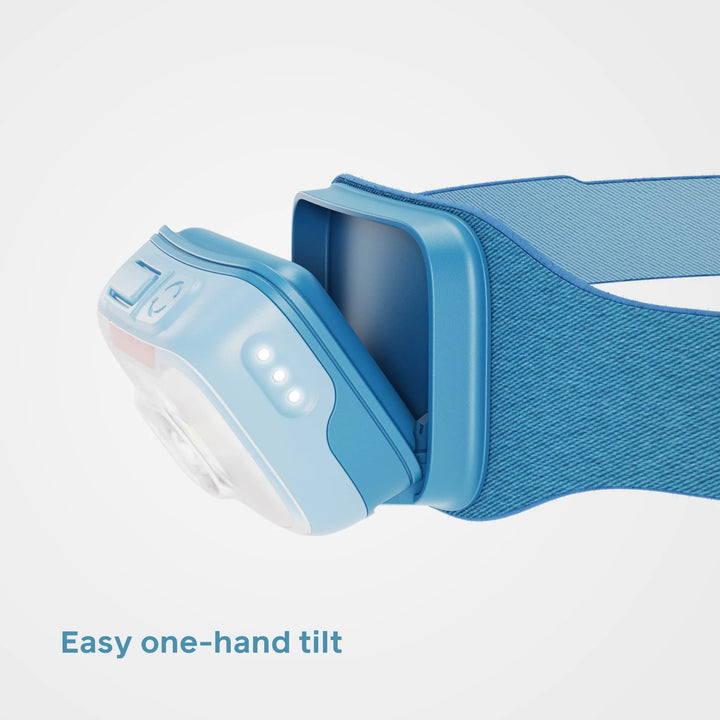 Blue headlamp with one-hand tilt feature on a white background
