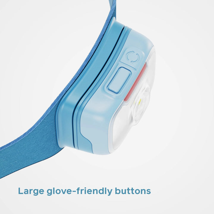 Blue and white head lamp with large glove-friendly buttons written at bottom of page on a light gray background
