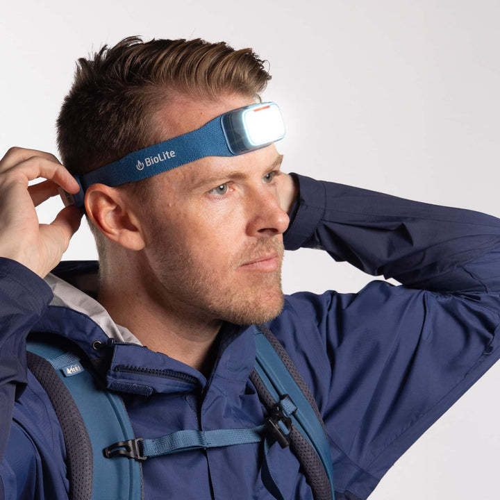 Man wearing a blue headlamp with a white background