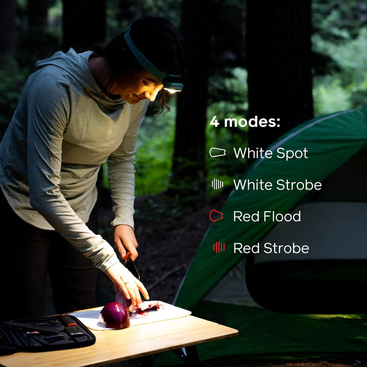 Person camping outdoors with a headlamp and cutting vegetables, showing different light modes.