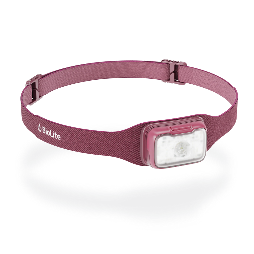 Pink headlamp with BioLite logo on a white background