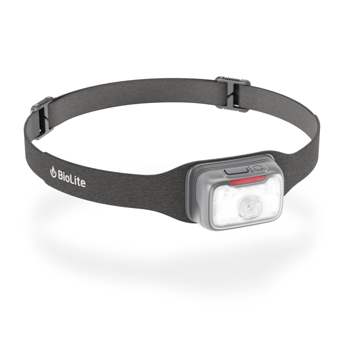 Grey headlamp with BioLite logo on a white background