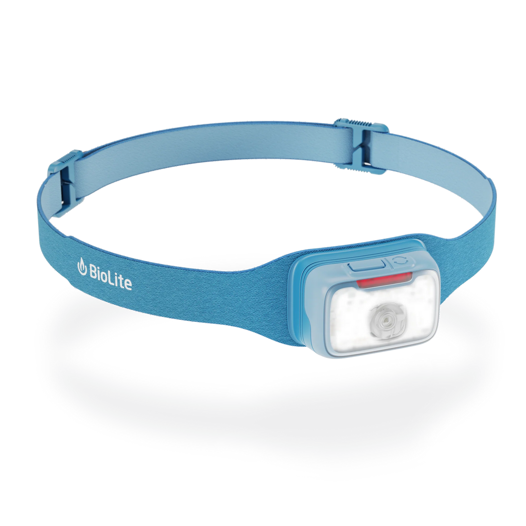 Blue headlamp with BioLite logo on a white background
