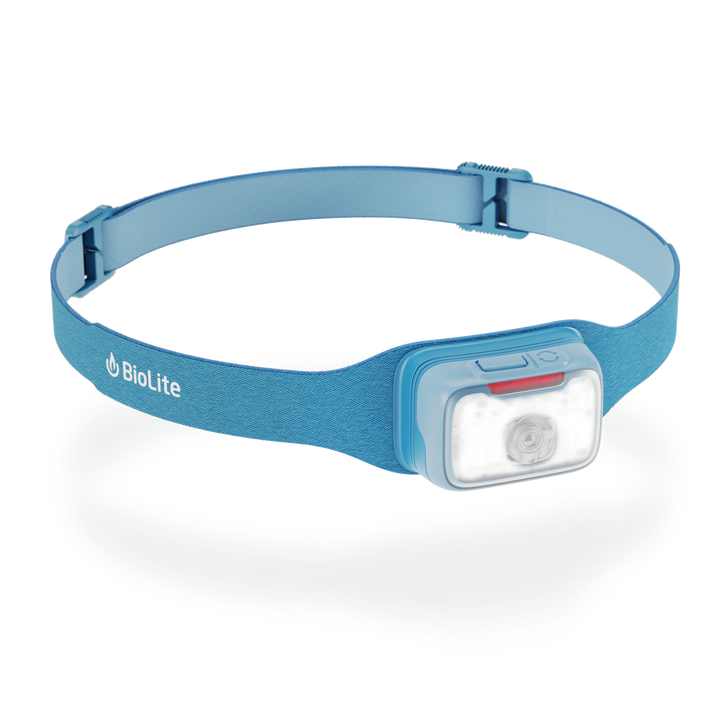 Blue headlamp with BioLite logo on a white background