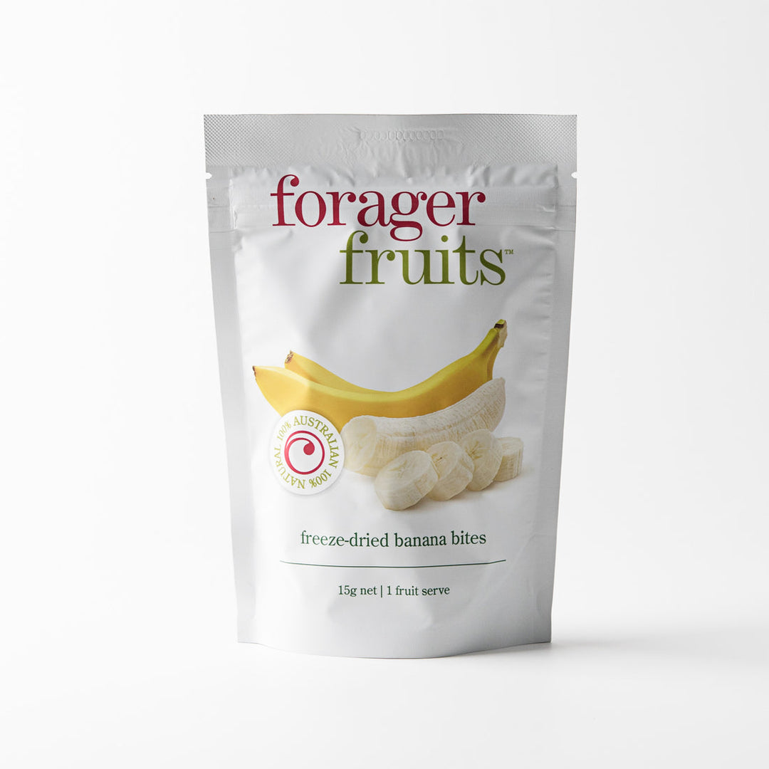 Forager Fruits freeze-dried banana bites packaging on a white background