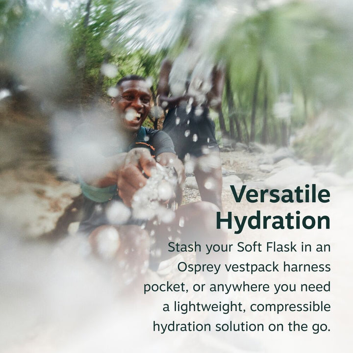blurry photo of someone splashing water in trees with text on top that says "versatile hydration"