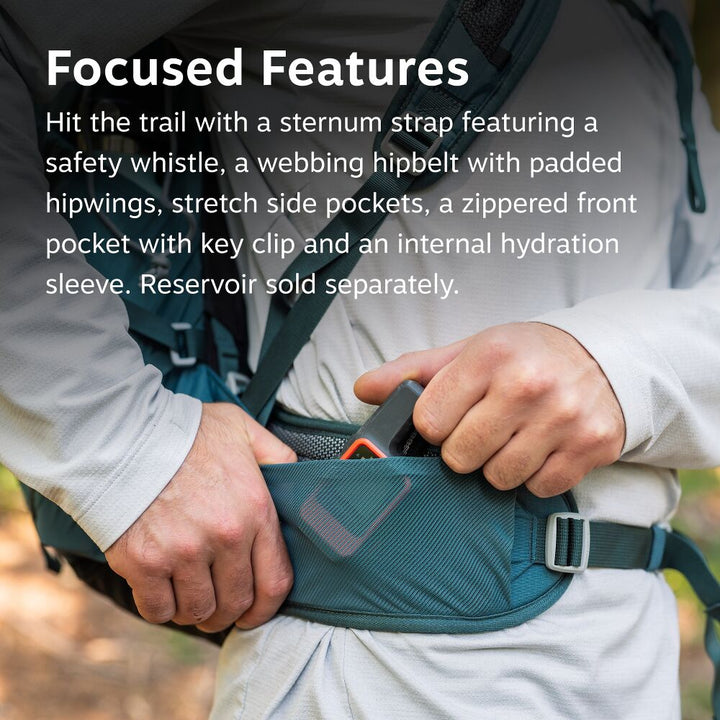 Person wearing a teal waist bag with text detailing features