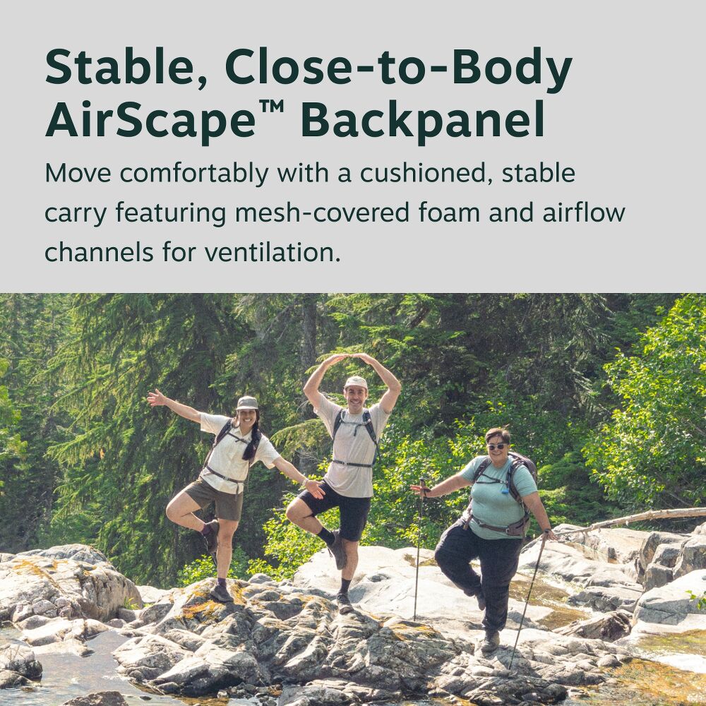 Three people hiking on rocks with a scenic background, promoting a stable, close-to-body AirScape backpanel.