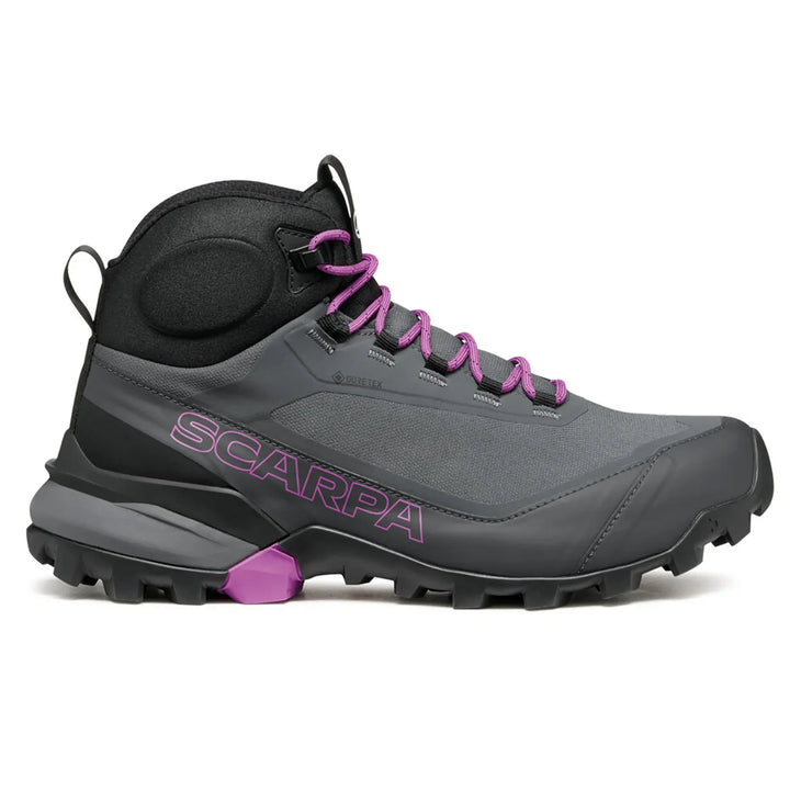 Gray hiking boot with purple accents and &