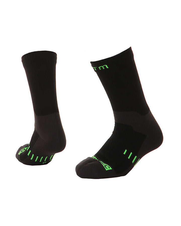 Pair of black socks with green accents on a white background