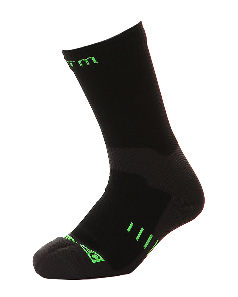 Black sock with green accents on a white background