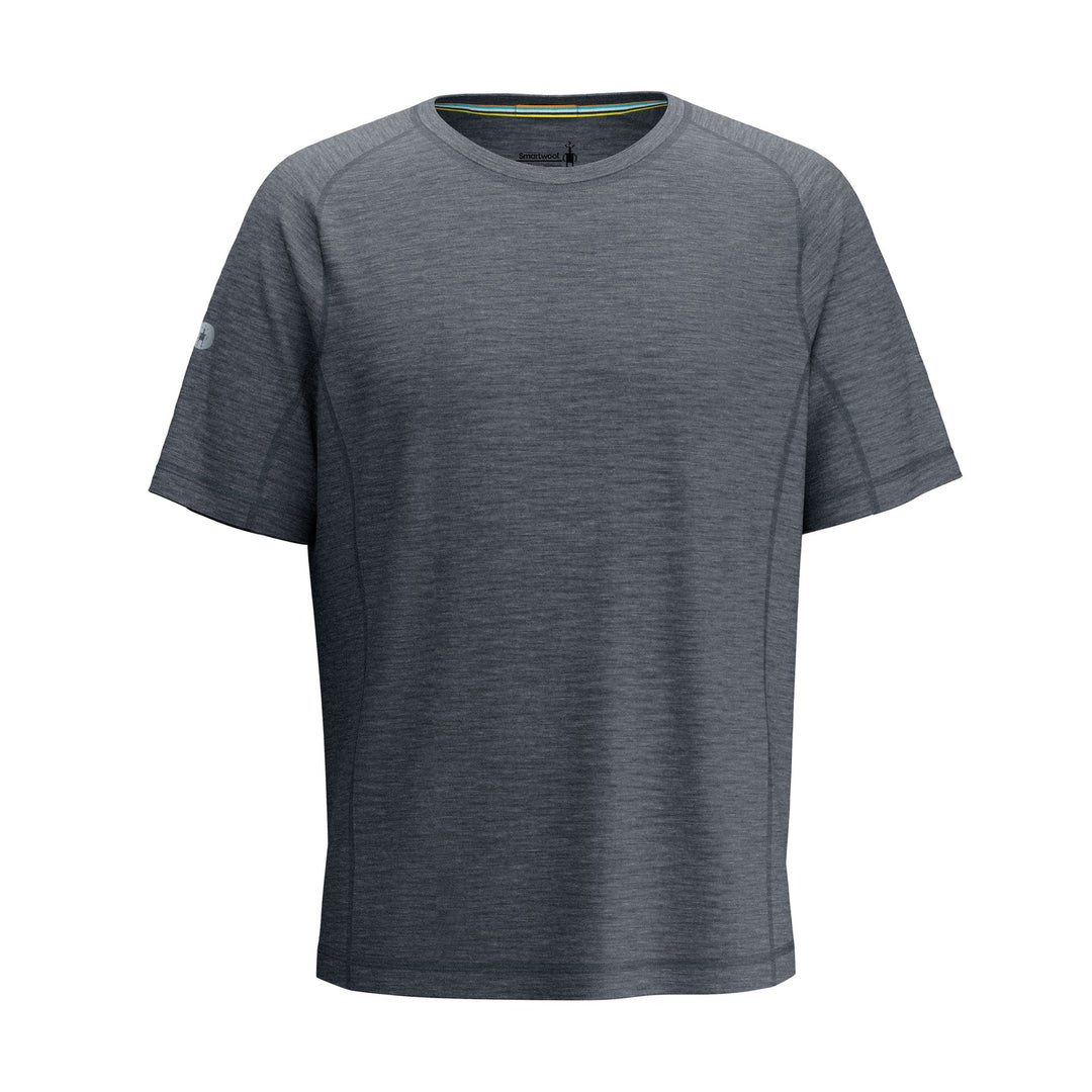 A dark gray heathered short-sleeve athletic t-shirt with a crew neck, shown on a plain white background.