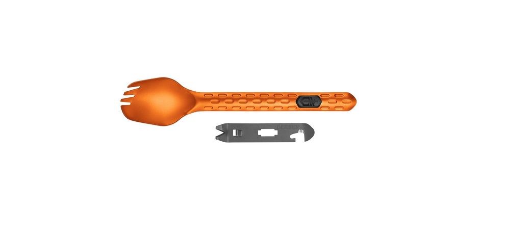 An orange camping spork with a textured handle and a small black logo, shown alongside a gray metal multi-tool accessory on a plain white background.