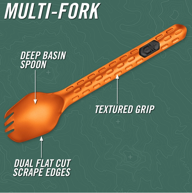 An orange multi-fork camping utensil with callout labels reading &